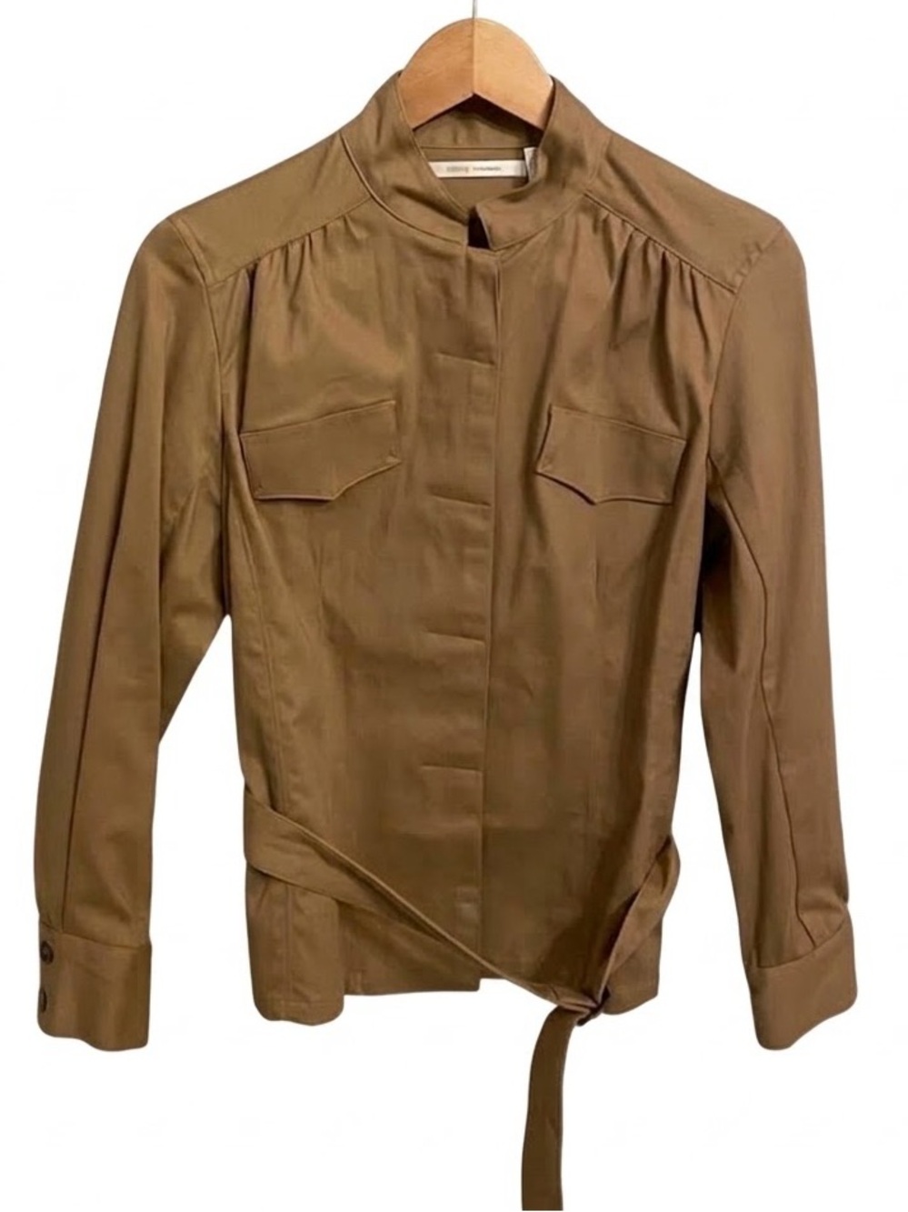 Cote Femme Camel Tan Belted Safari Utility Jacket Sz 8 Hidden Button Minimalist